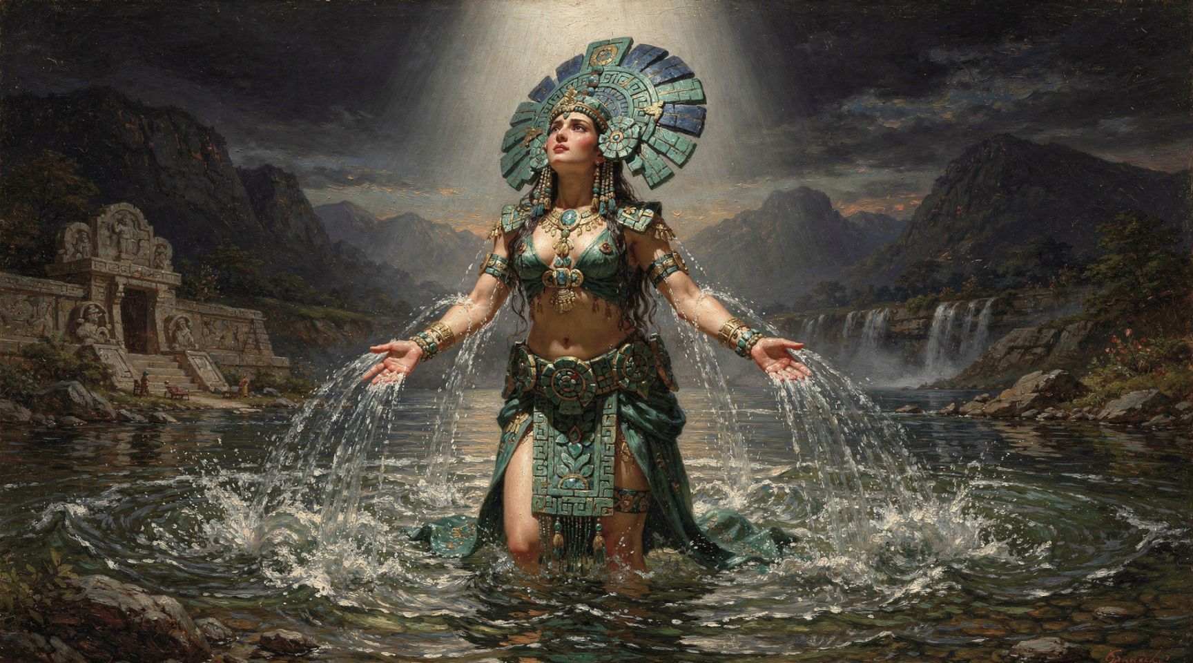 Chalchiuhtlicue diosa mexica del agua con falda de jade cosmología azteca