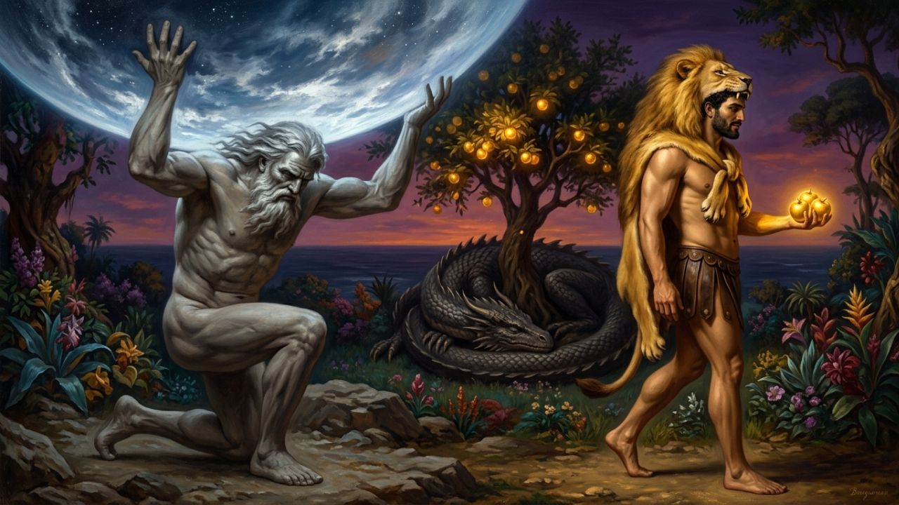 Atlas cargando el cielo mientras Hércules se aleja con las manzanas de oro, undécimo trabajo de Hércules - ASTRONOMIKA TV