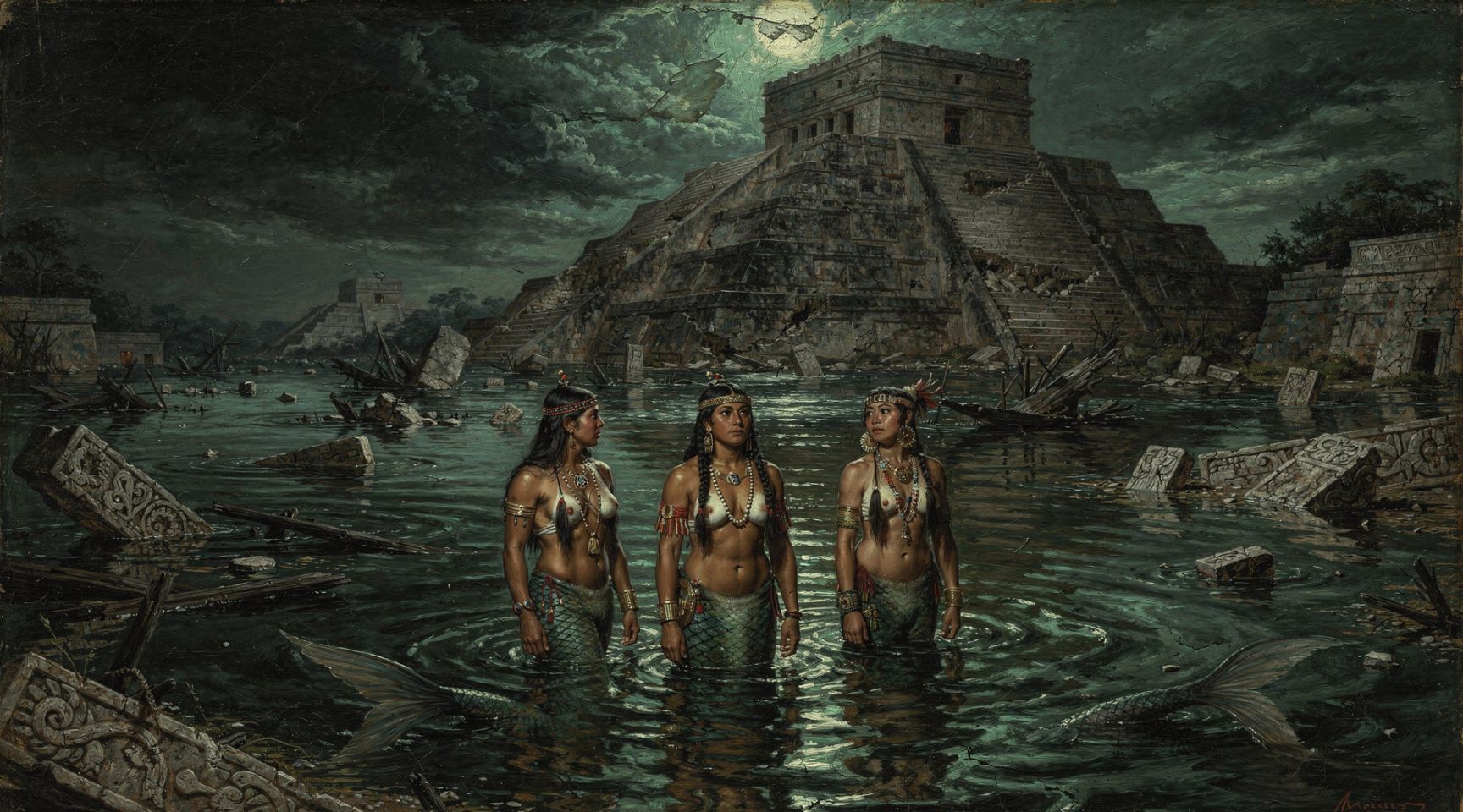 El diluvio del cuarto Sol azteca seres humanos transformándose en peces mundo mexica