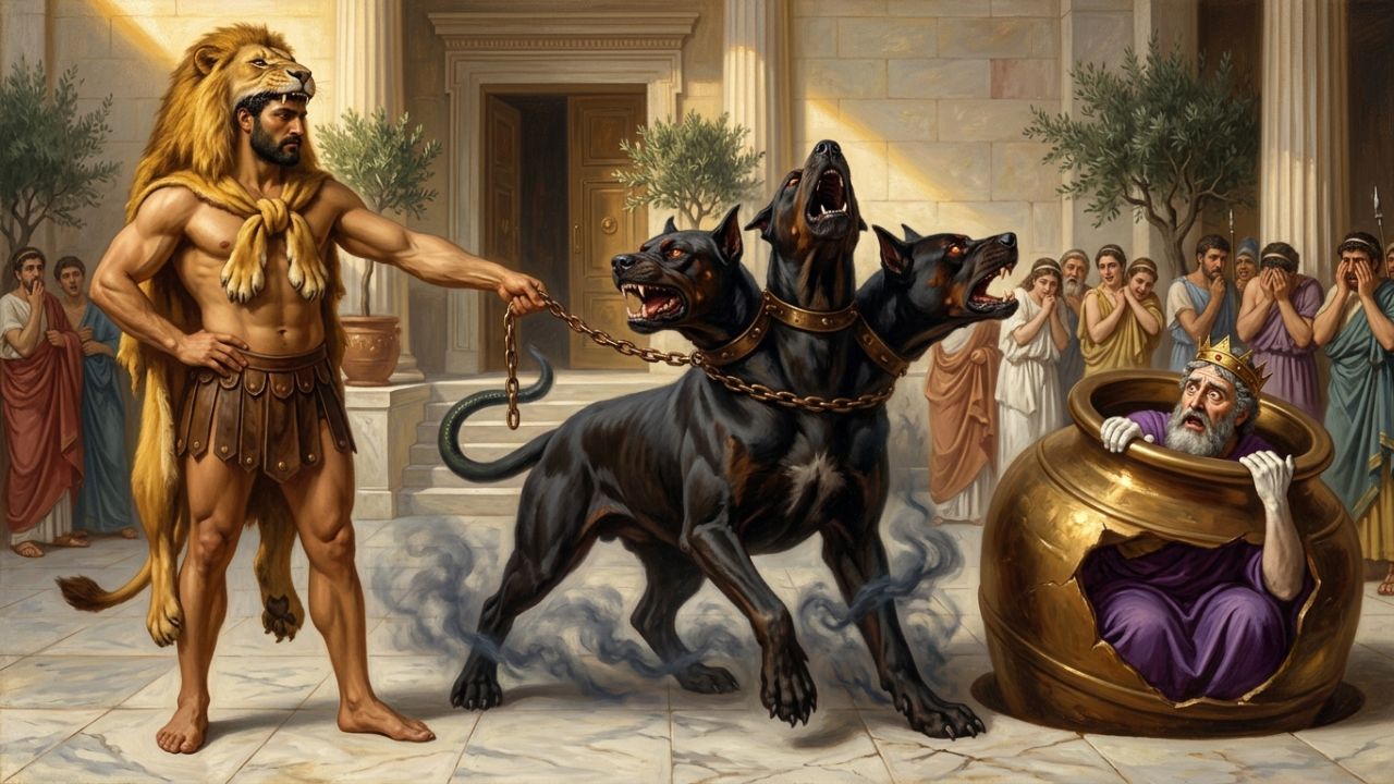 Hércules presentando a Cerbero ante Eurísteo escondido en la vasija de bronce, duodécimo trabajo de Hércules - ASTRONOMIKA TV