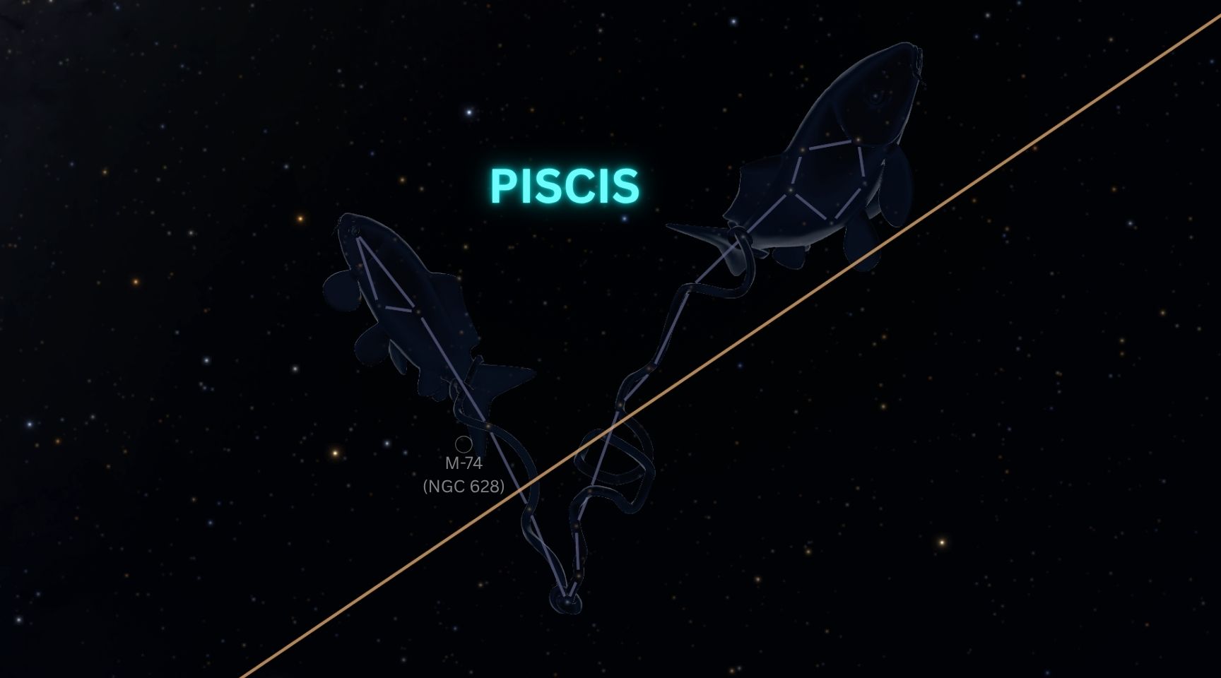 Constelación Piscis en Sky Guide App con estrellas principales y M74 marcada eclíptica
