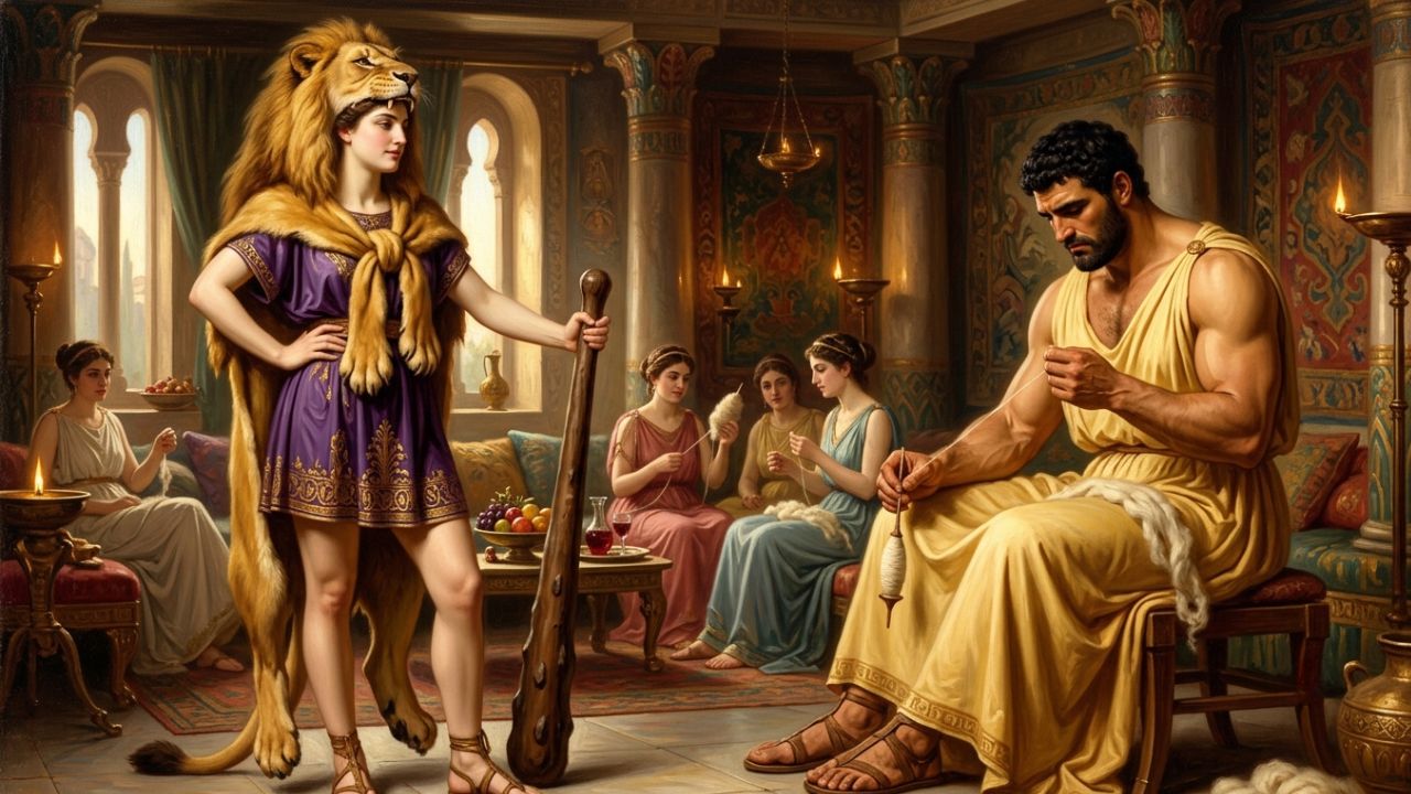 Hércules hilando lana vestido de mujer mientras Onfale porta la piel del León de Nemea - ASTRONOMIKA TV