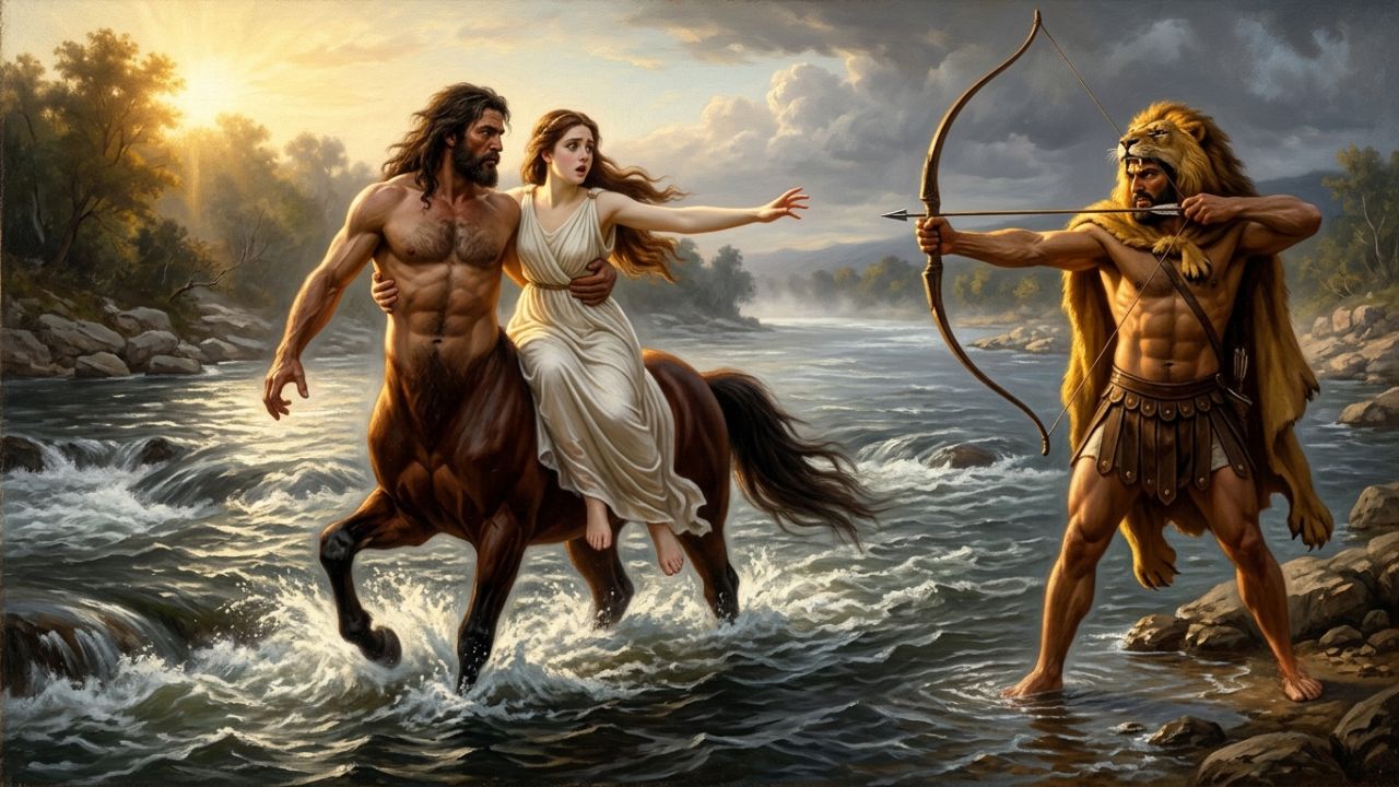 Neso cargando a Deyanira a medio río mientras Hércules apunta su arco desde la orilla - ASTRONOMIKA TV