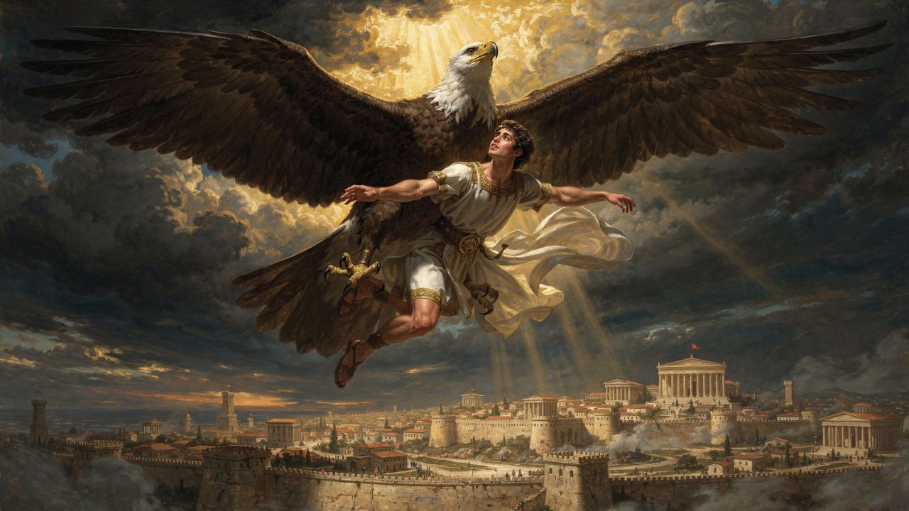 Constelación de Acuario: Zeus transformado en águila rapta a Ganimedes sobre Troya