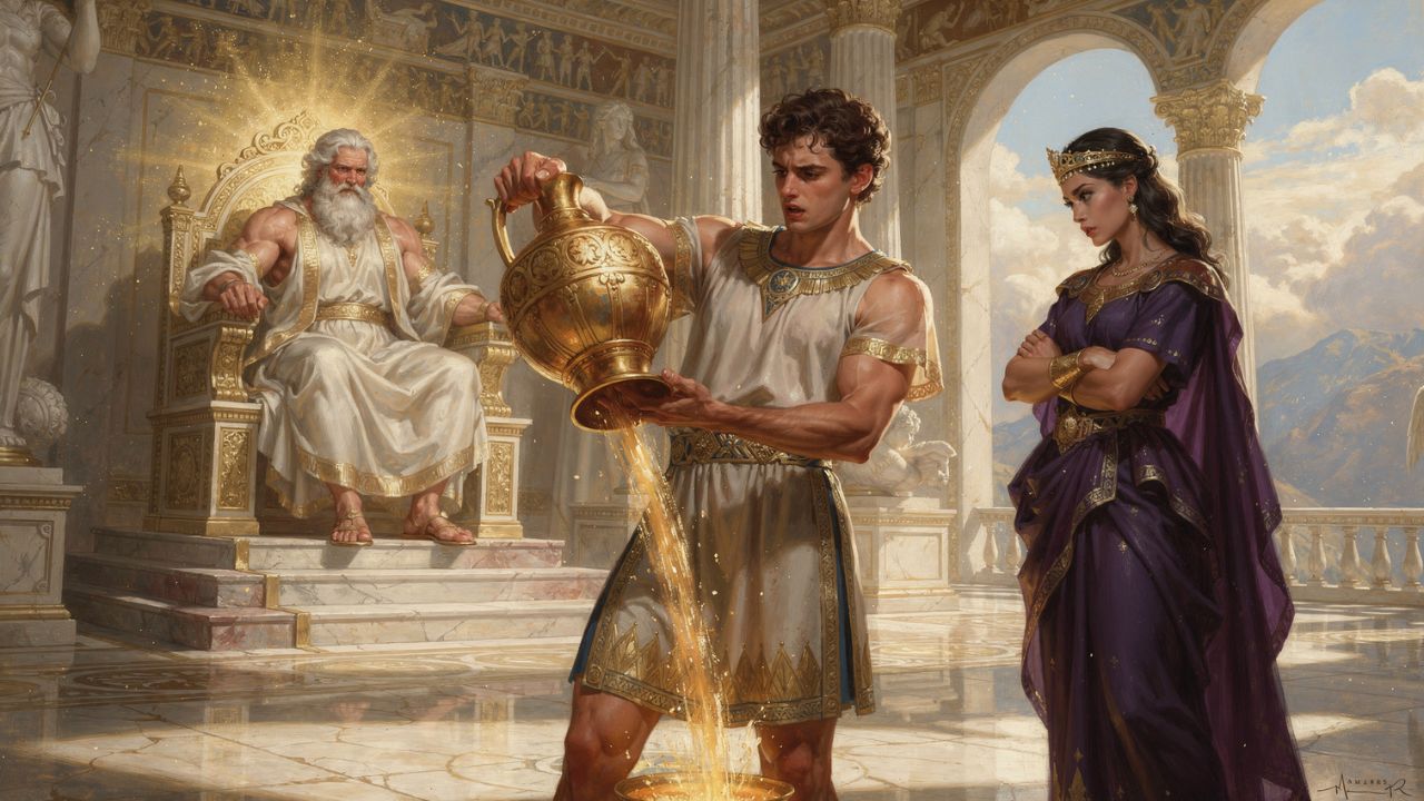 Ganimedes sirviendo el néctar en el Olimpo con Zeus y Hera al fondo