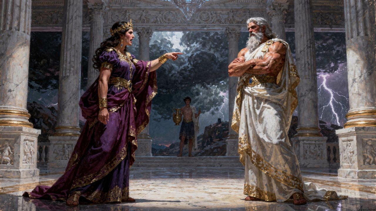 Hera furiosa confrontando a Zeus en el Olimpo mientras Ganimedes observa al fondo