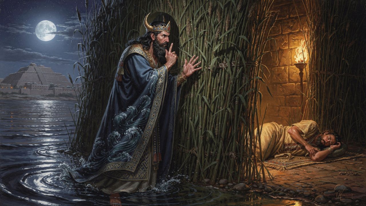 Enki el dios babilónico hablando a la pared de cañas mientras Utnapishtim duerme adentro