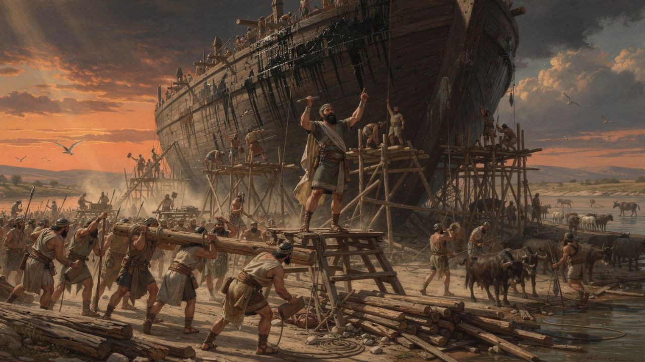 Utnapishtim dirigiendo la construcción del arca babilónica en las orillas del Éufrates