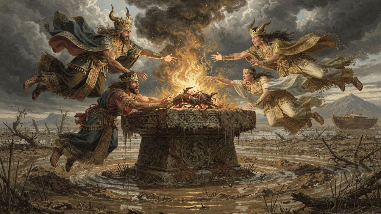 Los dioses babilónicos abalanzándose sobre el sacrificio de Utnapishtim tras el diluvio