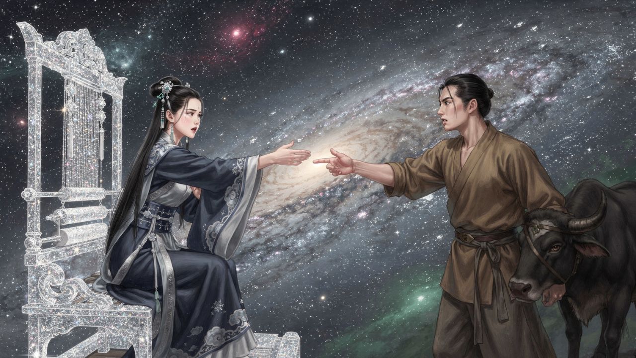 La Tejedora y el Vaquero Celestial separados por la Vía Láctea en la mitología china