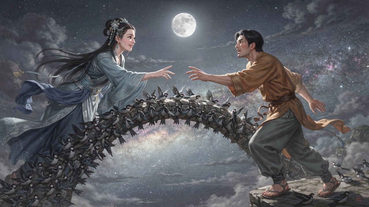 El puente de urracas reuniendo a la Tejedora y el Vaquero Celestial bajo la luna llena
