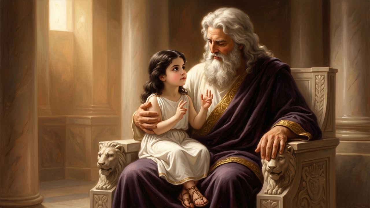 Artemisa niña sentada en las rodillas de Zeus pidiéndole sus nueve deseos en el Olimpo
