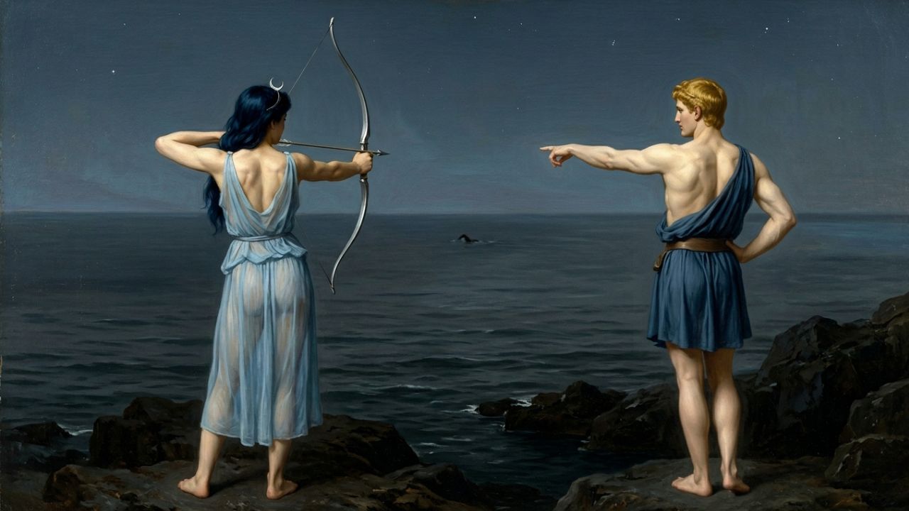 Apolo señalando un punto en el mar oscuro mientras Artemisa tensa su arco en la madrugada