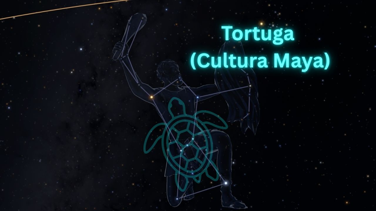 La tortuga cósmica maya superpuesta sobre la constelación de Orión mostrando la correspondencia entre sus estrellas