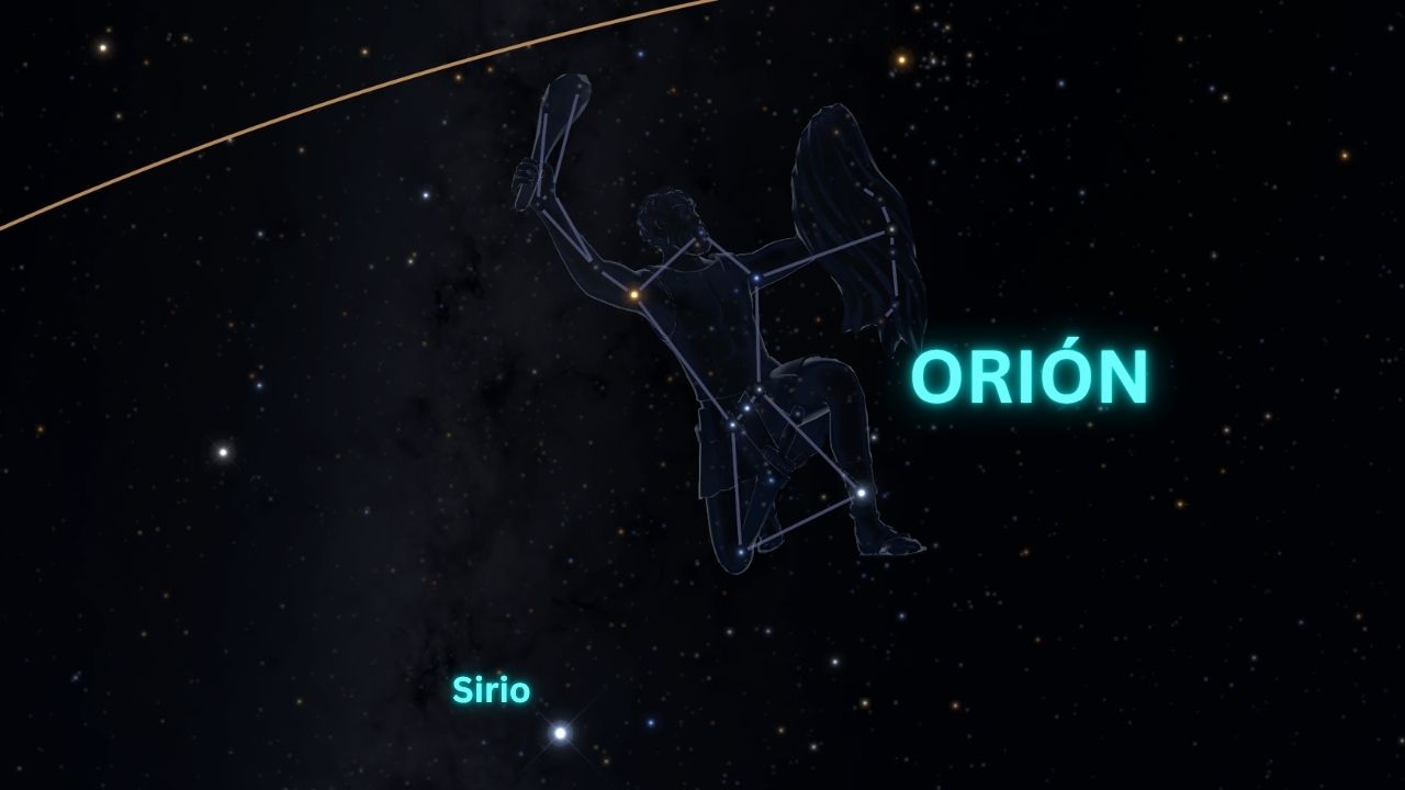 Orión y Sirio en el cielo nocturno con la eclíptica visible como línea dorada rozando la constelación