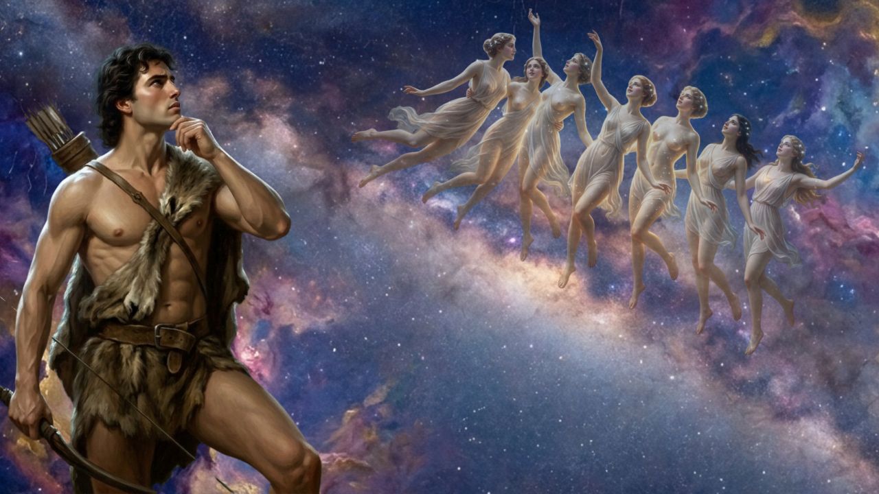 Orión mirando las Pléyades convertidas en estrellas en el cielo nocturno