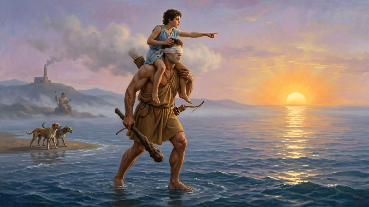 Orión ciego caminando sobre el mar con Cedalión sobre sus hombros señalando el horizonte al amanecer