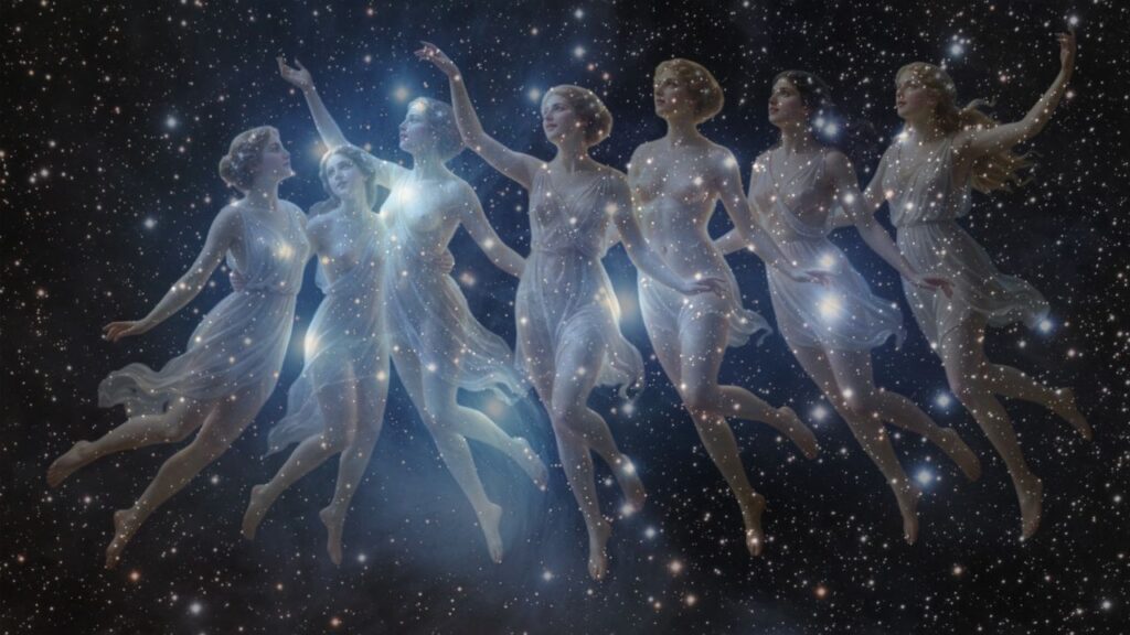 The seven Pleiades ttransfrming in stars in the night sky, greek mythology, Taurus Constellation - ASTRONOMIKA TV