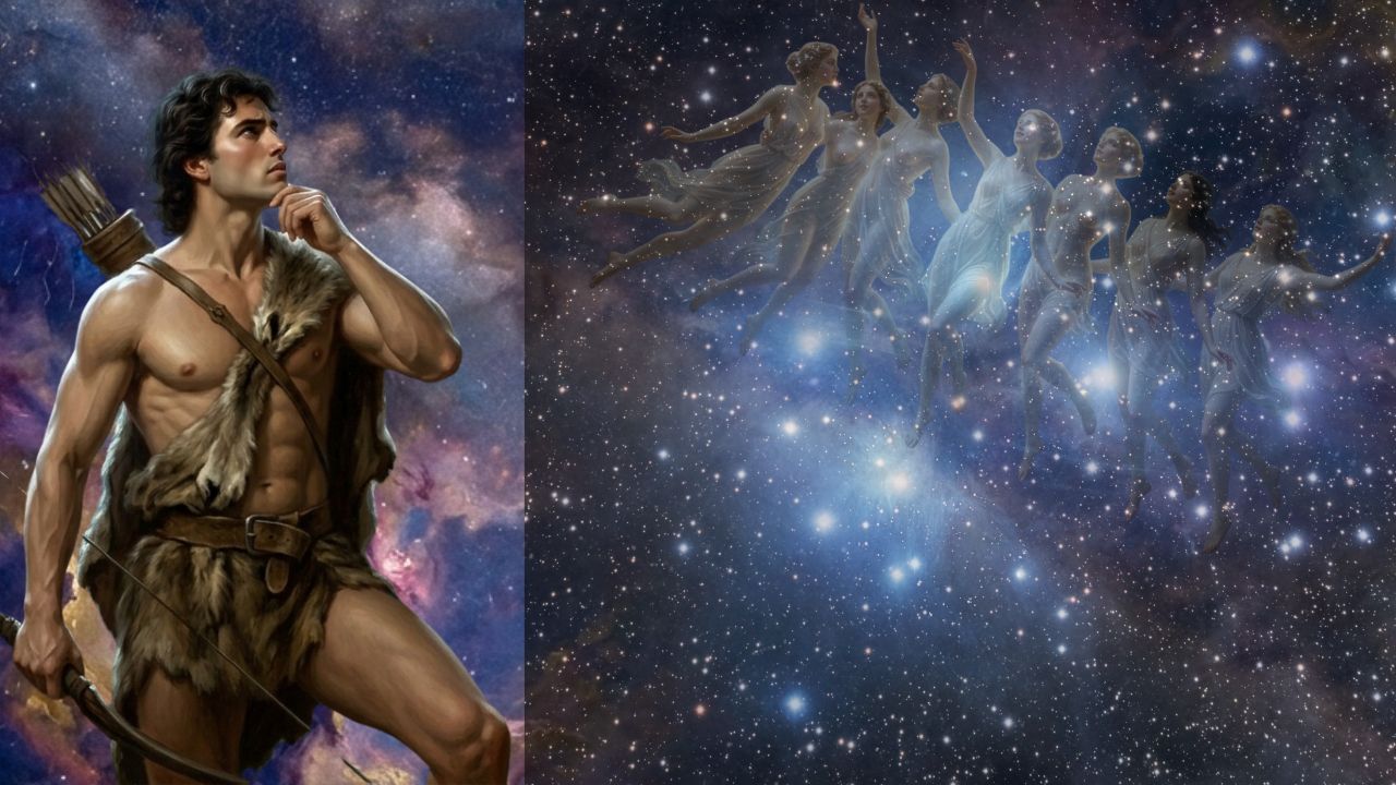 Orión mirando las Pléyades convertidas en estrellas en el cielo nocturno, persecución eterna constelaciones - ASTRONOMIKA TV