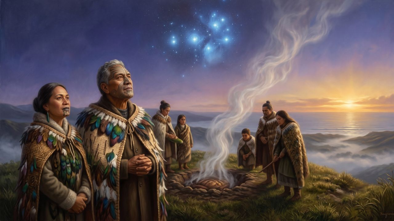 Familia maorí celebrando Matariki con las Pléyades visibles en el cielo al amanecer, año nuevo maorí Nueva Zelanda - ASTRONOMIKA TV