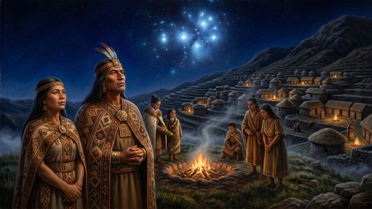 Familia inca observando las Pléyades Collca en el cielo nocturno andino con terrazas agrícolas al fondo, astronomía inca - ASTRONOMIKA TV