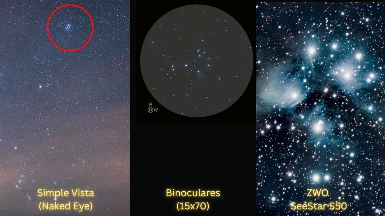 Comparativa de las Pléyades a simple vista versus binoculares 15x70 versus ZWO SeeStar S50 smart telescope - ASTRONOMIKA TV