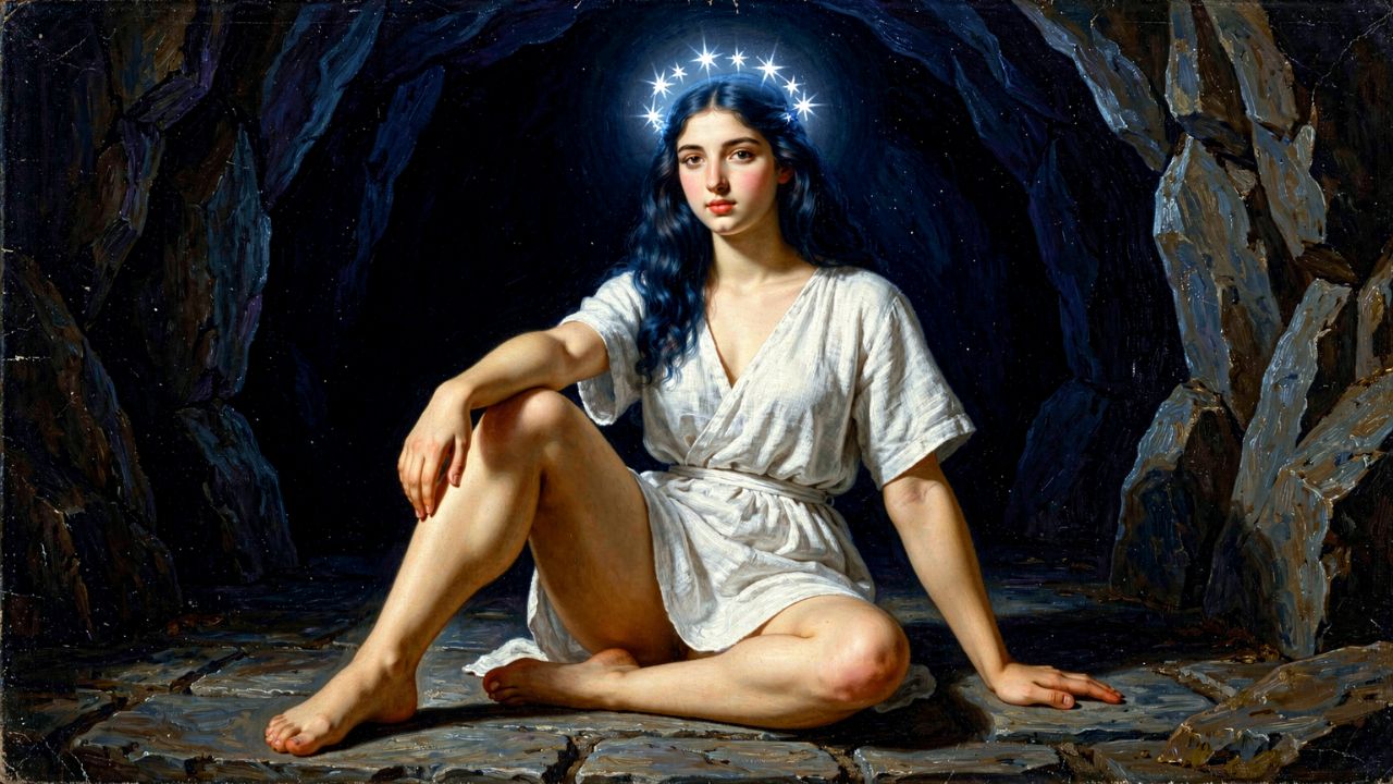 Maia la mayor de las Pléyades sentada en su cueva con corona de siete estrellas, mitología griega - ASTRONOMIKA TV