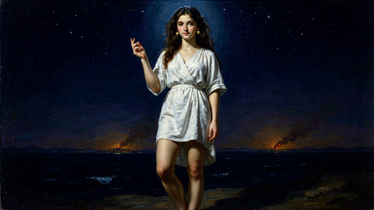 Electra la Pléyade mirando arder Troya a lo lejos mientras abandona el cielo nocturno, mitología griega - ASTRONOMIKA TV