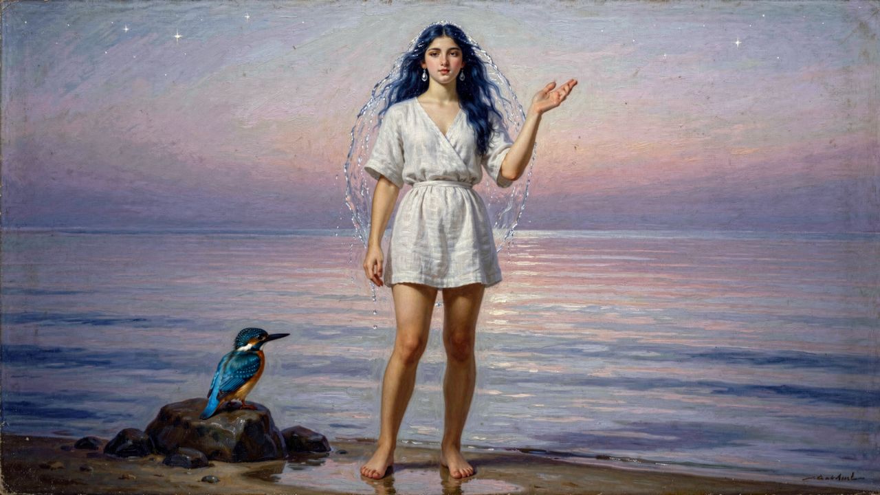Alcíone la Pléyade hija de Poseidón en la orilla del mar tranquilo con un martín pescador, días halciónicos - ASTRONOMIKA TV
