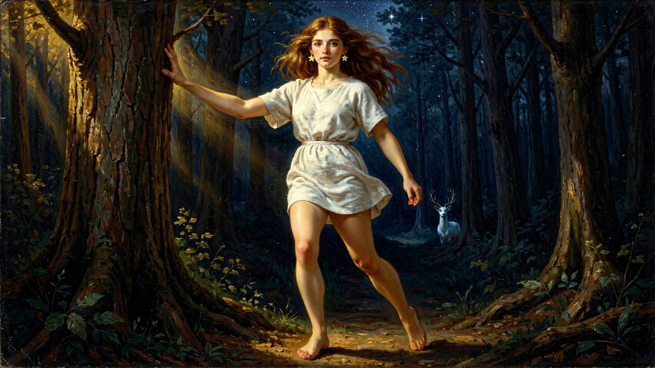Táigete la cazadora Pléyade en el bosque nocturno con la cierva blanca de cuernos dorados al fondo, mitología griega - ASTRONOMIKA TV