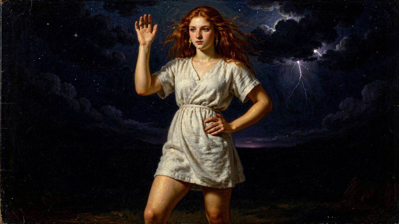 Estérope la Pléyade hija de Ares con aretes de rayo y tormenta al fondo, mitología griega Marte - ASTRONOMIKA TV