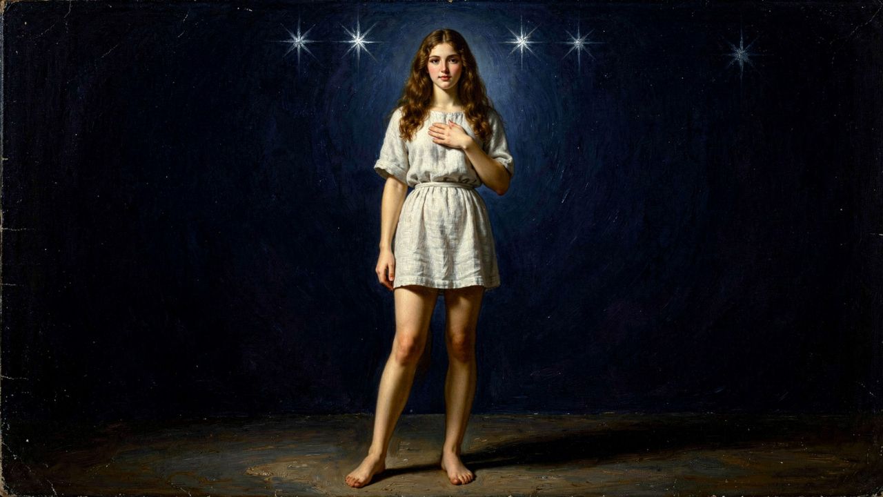 Mérope la Pléyade con la mano sobre el corazón y seis estrellas brillantes de sus hermanas al fondo, séptima estrella ausente - ASTRONOMIKA TV