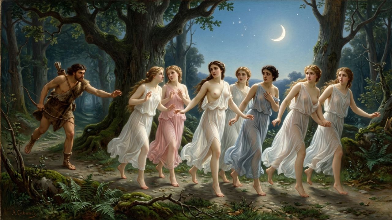 Las siete Pléyades huyendo de Orión en el bosque nocturno bajo la luna creciente, mitología griega - ASTRONOMIKA TV