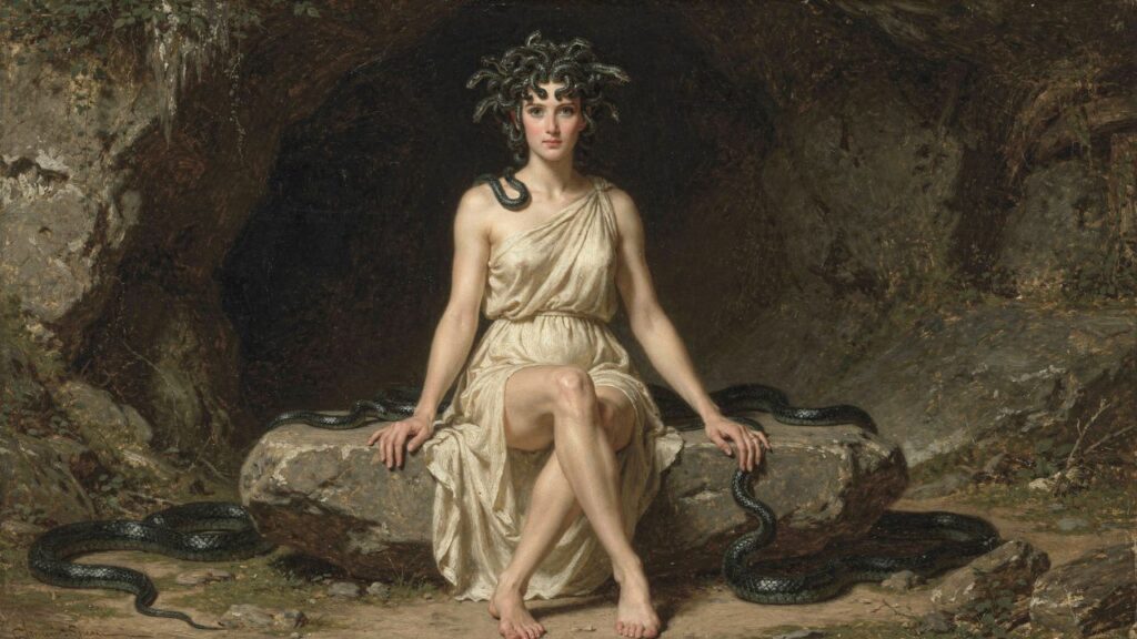 Medusa transformada en Gorgona sentada en su cueva rodeada de serpientes, mito y constelación de Algol - ASTRONOMIKA TV