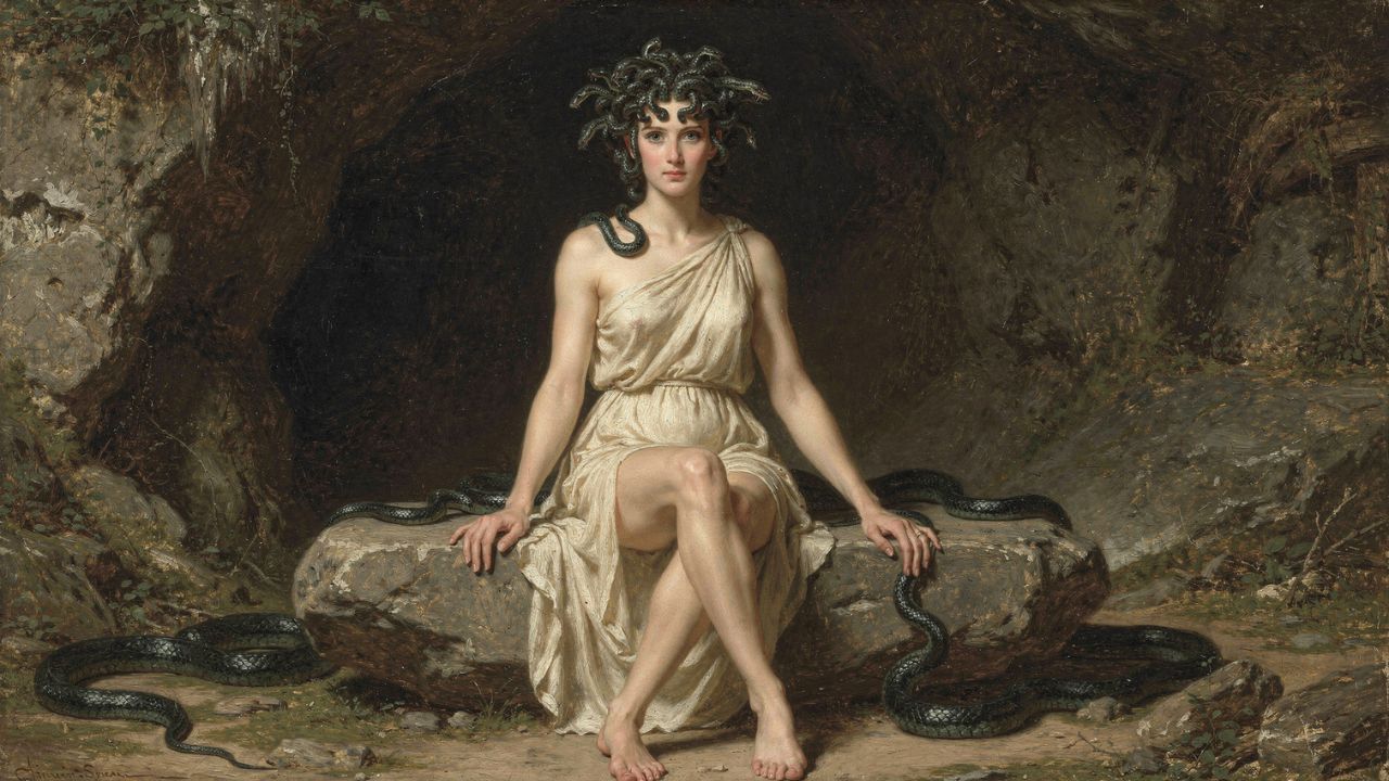 Medusa transformada en Gorgona sentada en su cueva rodeada de serpientes, mito y constelación de Algol - ASTRONOMIKA TV