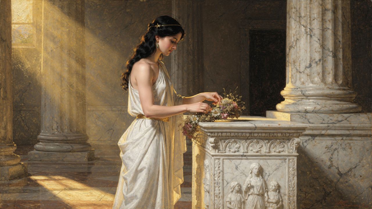 Medusa sacerdotisa de Atenea arreglando ofrendas en el templo antes de la maldición - ASTRONOMIKA TV
