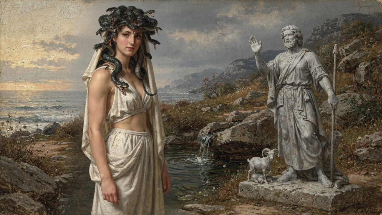 Medusa junto a la estatua de piedra de un pastor, primera víctima de su mirada - ASTRONOMIKA TV