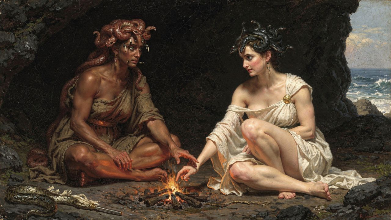 Medusa junto a sus hermanas Gorgonas alrededor de una fogata en su cueva costera - ASTRONOMIKA TV