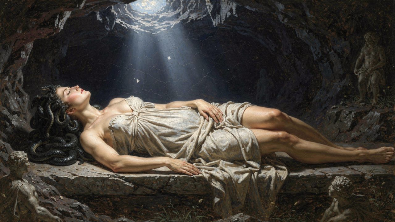 Medusa dormida en su cueva la noche en que Perseo llega a decapitarla - ASTRONOMIKA TV