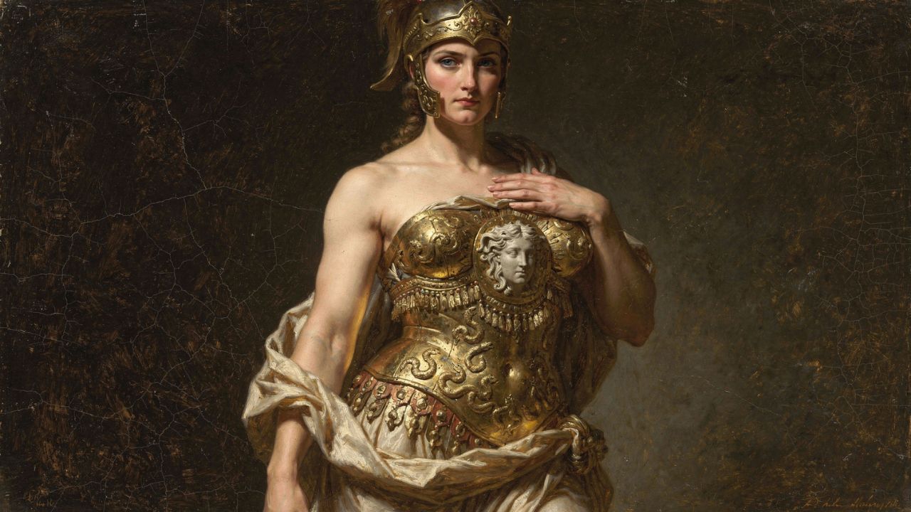 Cabeza de Medusa como gorgoneion grabado en la égida de Atenea, símbolo protector griego - ASTRONOMIKA TV
