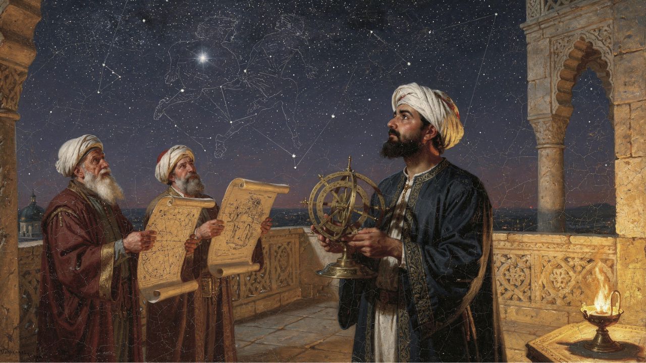 Astrónomos arabes medievales observando el cielo nocturno constelación de Perseo - ASTRONOMIKA TV