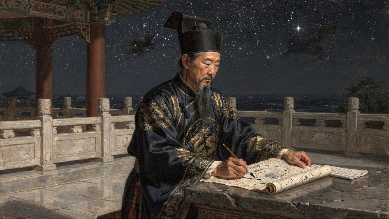 Astrónomo imperial chino con mapas estelares constelación de Perseo astronomía china - ASTRONOMIKA TV