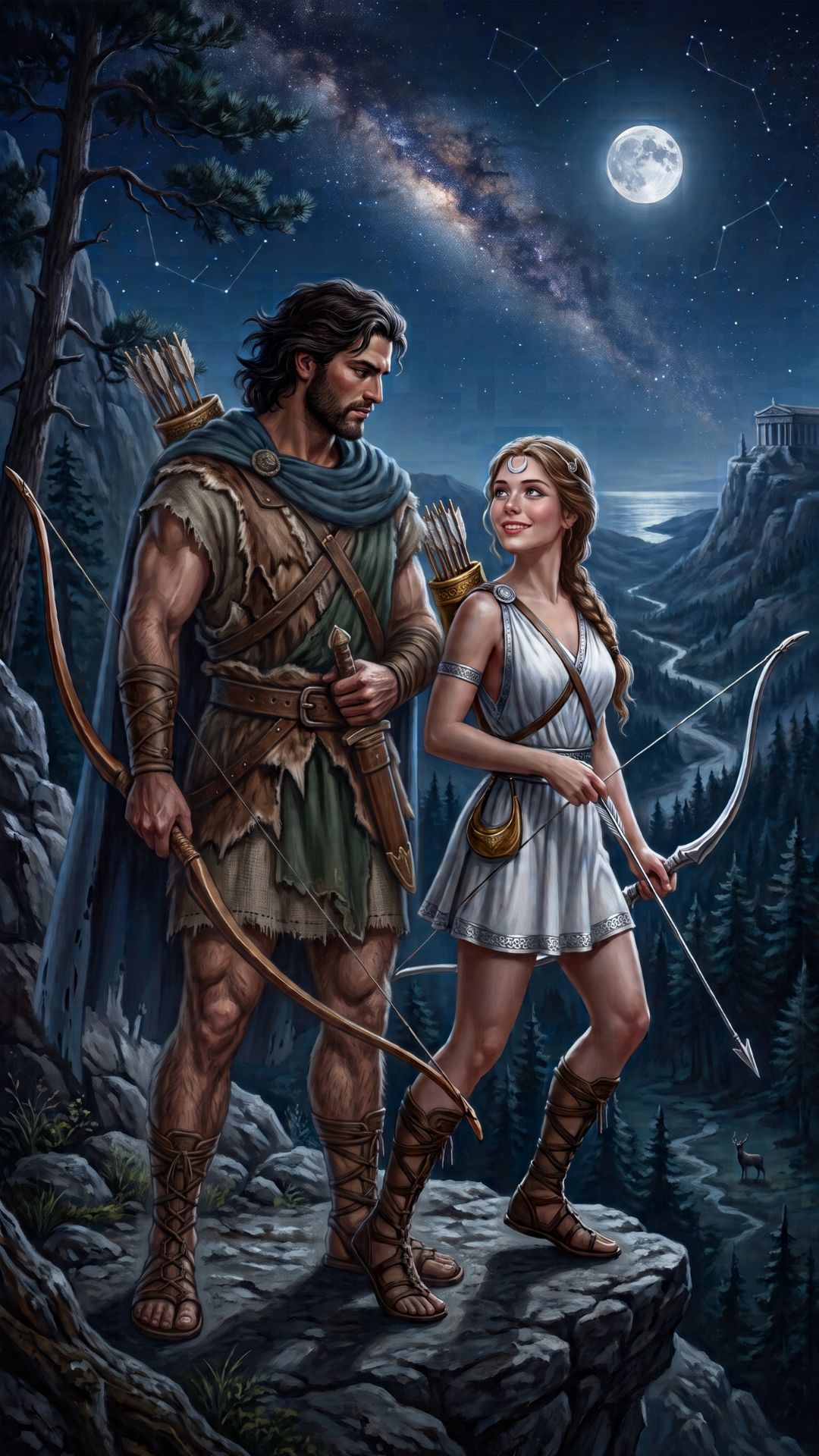 Portada de la canción Arrows & Stars (Artemis & Orion), Astronomika Beats, mitología griega de Artemis y Orión